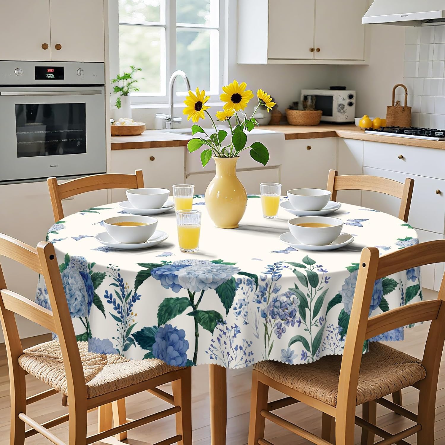 Round Tablecloth, Summer Tablecloths Polyester Waterproof Stain Wrinkle Free, Indoor and Outdoor Table Cover for Kitchen Party Dining Table
