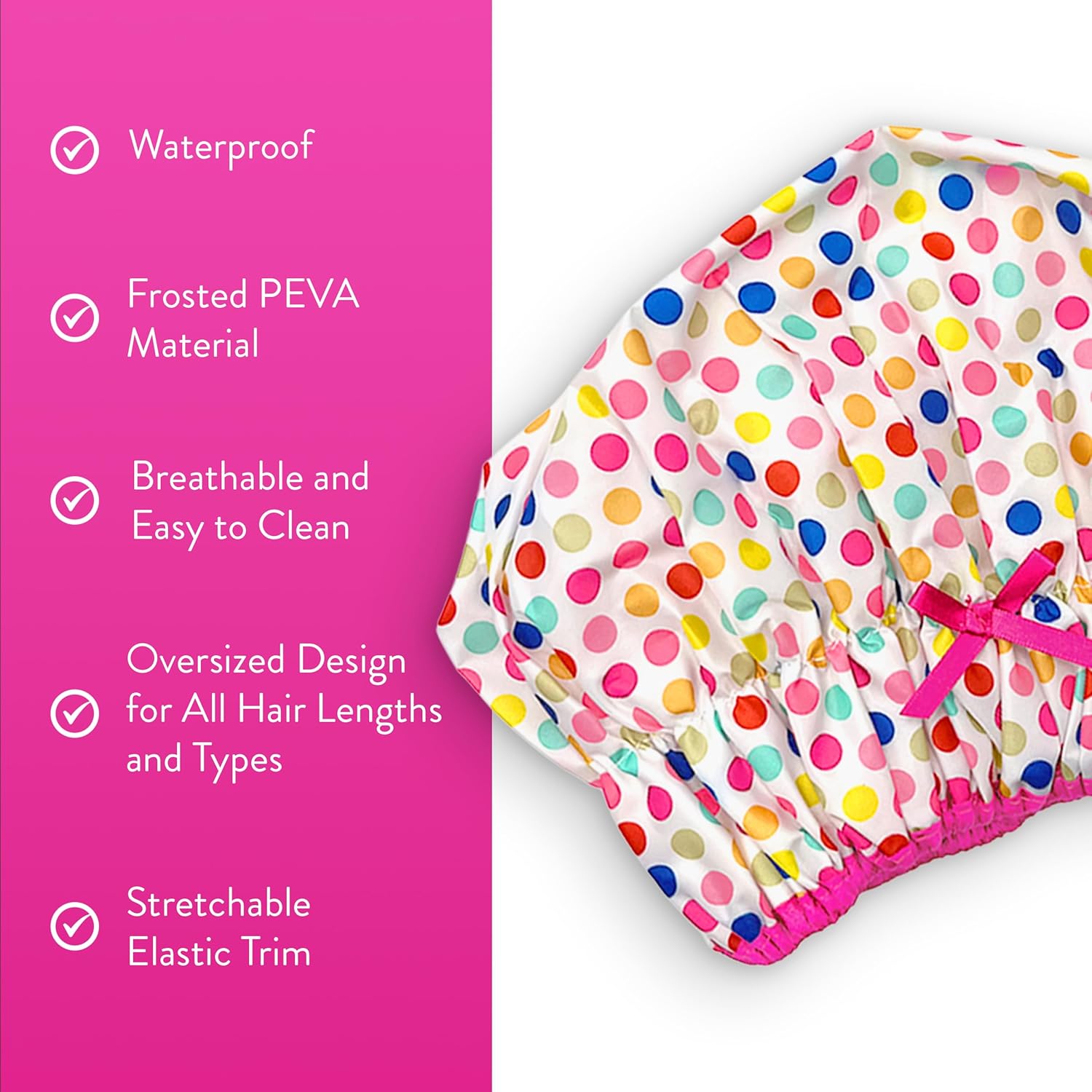 Reusable Bath & Shower Cap Lined, Oversized Waterproof Shower Caps Large Designed for all Hair Lengths with PEVA Lining & Elastic Band Stretch Hem Hair Hat - Fashionista Deco Dots
