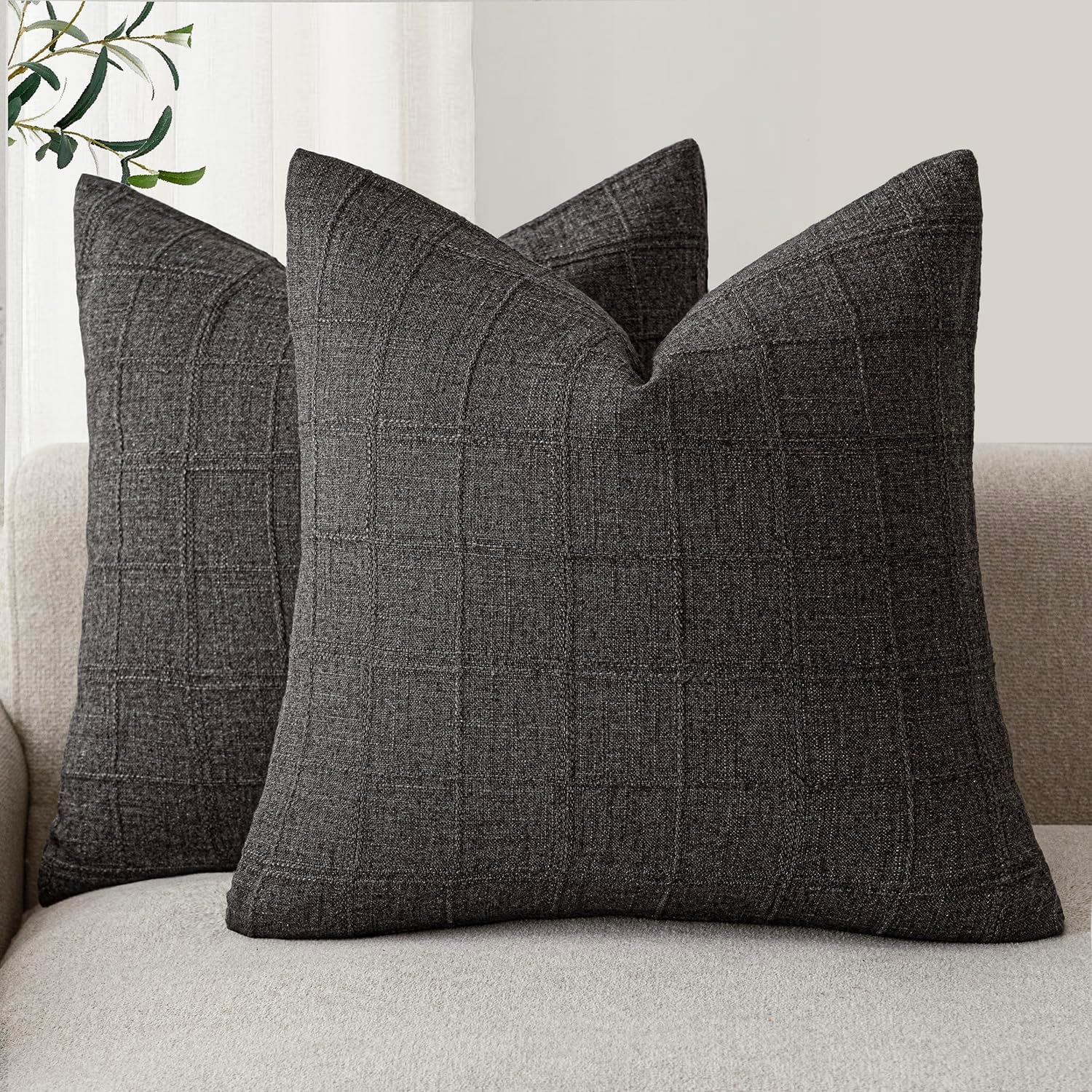 Foindtower Set of 2 Decorative Linen Check Throw Pillow Covers Neutral Farmhouse Vintage Cushion Covers Modern Boho Home Decor for Sofa Chair Couch Bedroom Living Room,18×18 Inch,Natural Beige