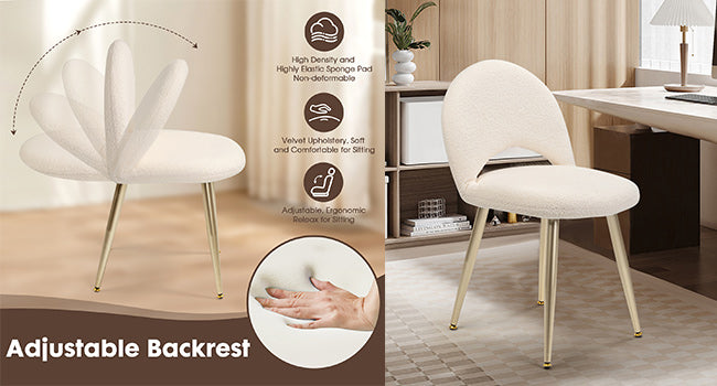 Vanity Chair with Adjustable Backrest, Boucle Upholstery Armless Makeup Stool, Cream White Sherpa Vanity Stool with Gold Metal Legs for Bedroom Living Room Kitchen Dinning Room (Gold and White)