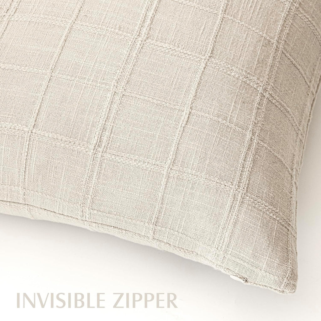Foindtower Set of 2 Decorative Linen Check Throw Pillow Covers Neutral Farmhouse Vintage Cushion Covers Modern Boho Home Decor for Sofa Chair Couch Bedroom Living Room,18×18 Inch,Natural Beige