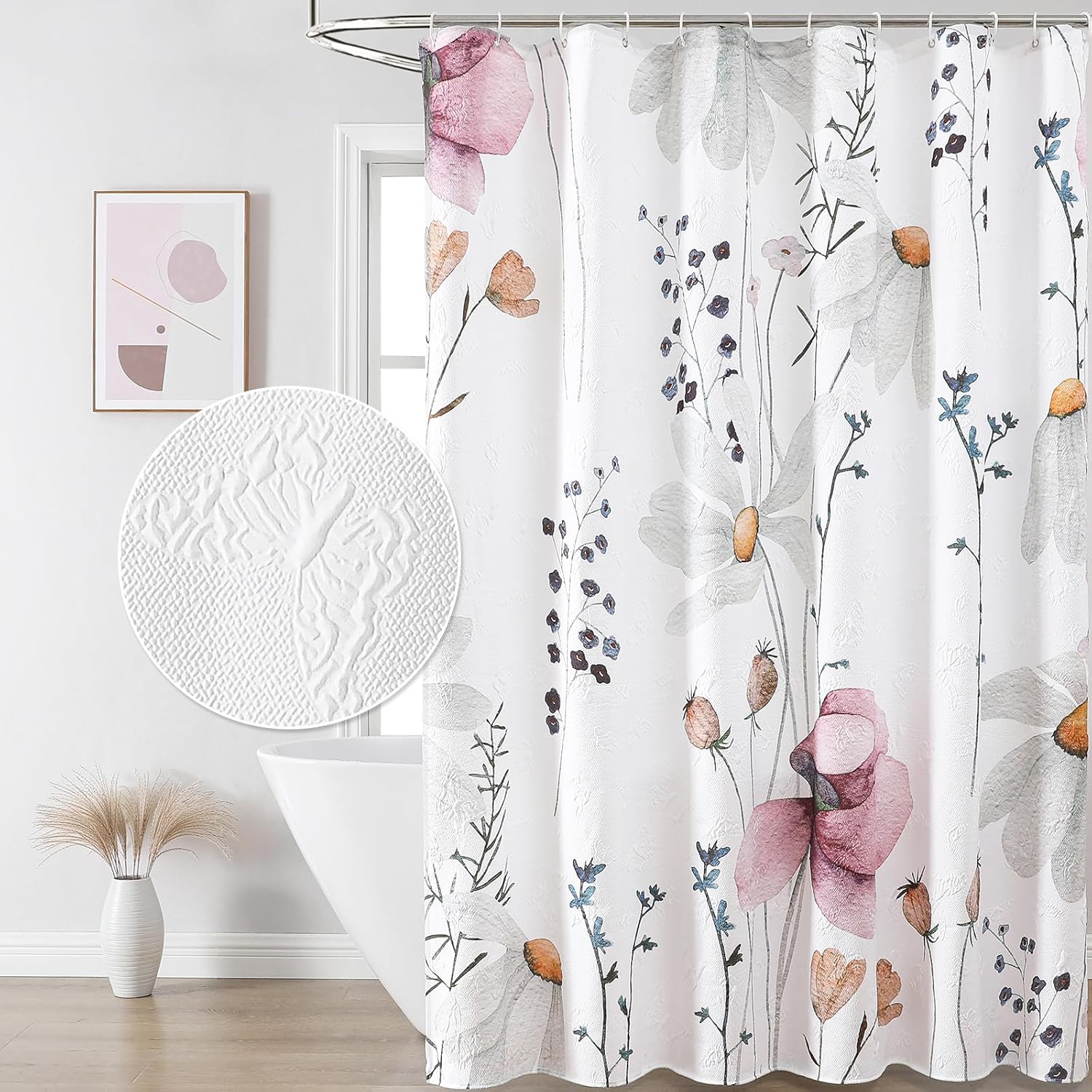 Watercolor Floral Shower Curtain, 3D Embossed Butterflies Grey Beige Flower Bathroom Curtains, Minimalist White Cloth Bath Curtain, Waterproof Fabric Textured Shower Curtain Set with Hooks, 72x72