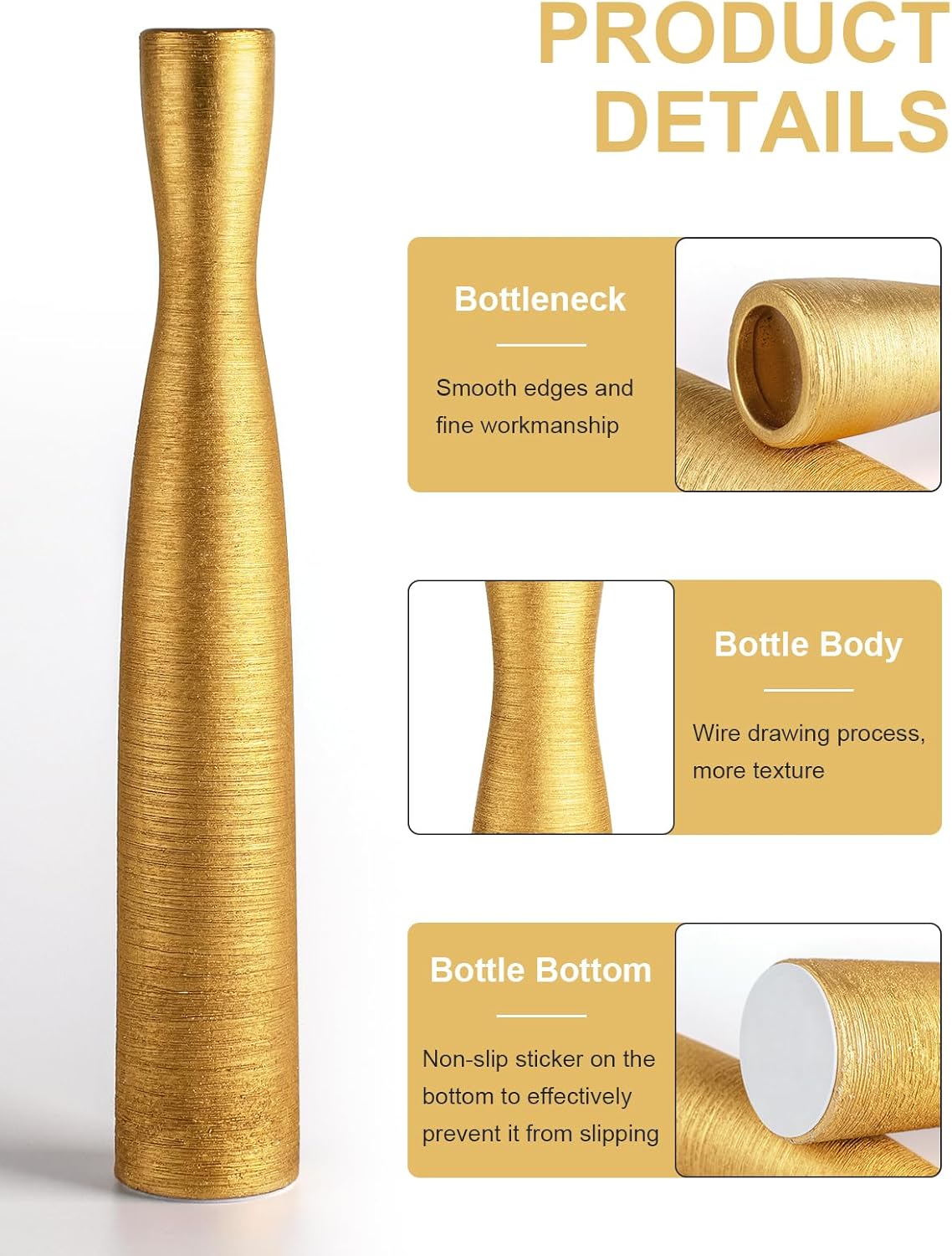 Tall Gold Vase, 16.5 Inch Skinny Flower Vases, Handmade Ceramic Vase Modern Minimalist Style for Living Room,Home,Office,Centerpiece,Table,Wedding Party