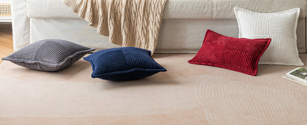 MIULEE Decorative Throw Pillow Covers for Couch Bed Livingroom 18x18 Inch Set of 2 Beige Boho Accent Throw Pllows Broadside Striped Patchwork Soft Corduroy Pillowcases