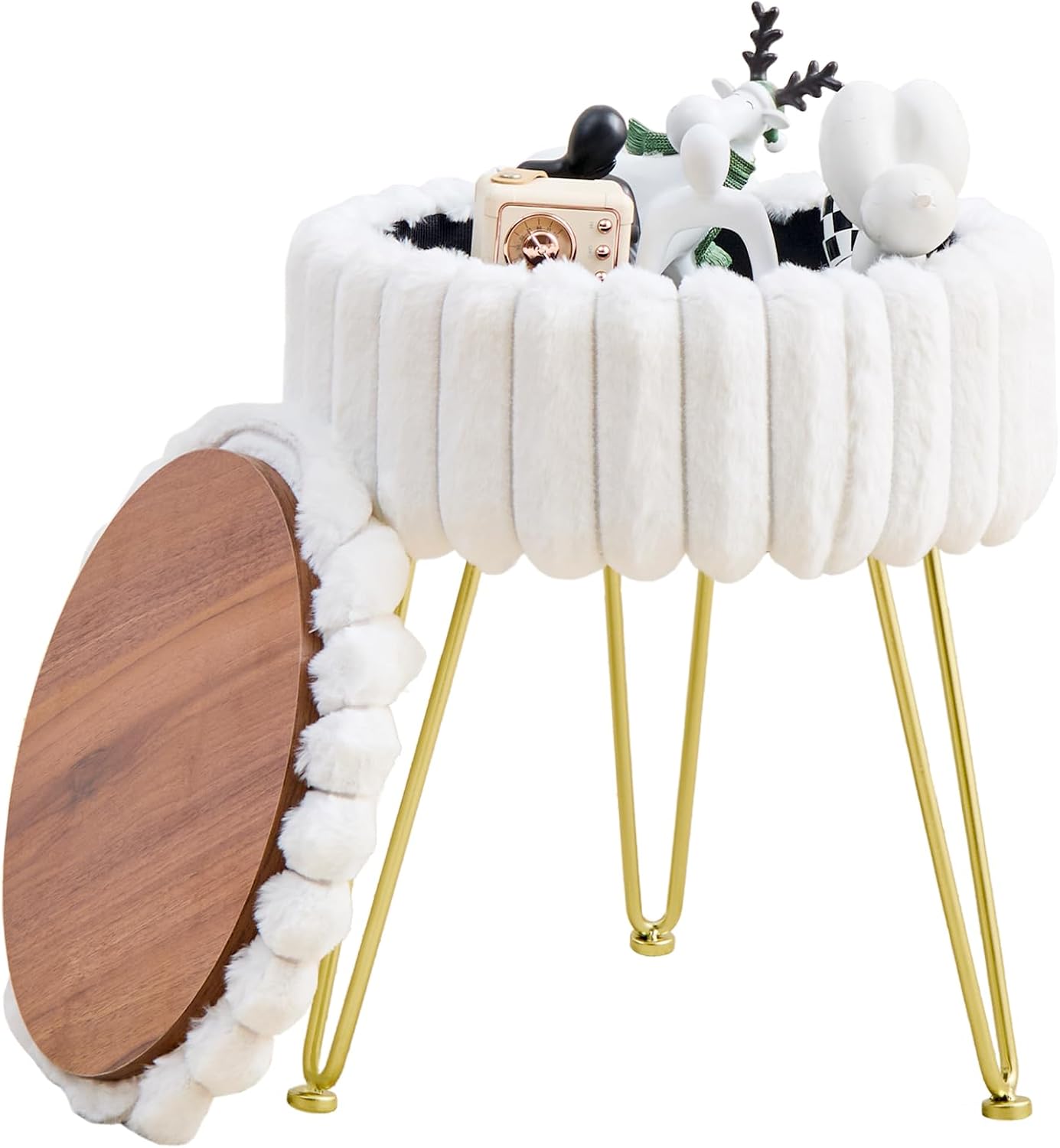 Vanity Stool with Storage, Faux Fur Ottoman Chair with Metal Legs, Round Makeup Vanity Chair for Bedroom or Dressing Table, Modern Small Ottoman Seat (Pink)