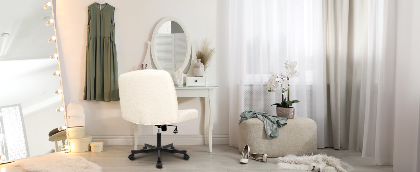 Chair Wheels Wide Cross Legged Office Desk Vanity Chair Comfy Fabric Armless Adjustable Swivel for Home Computer Task (Beige Wheel, Fabric)