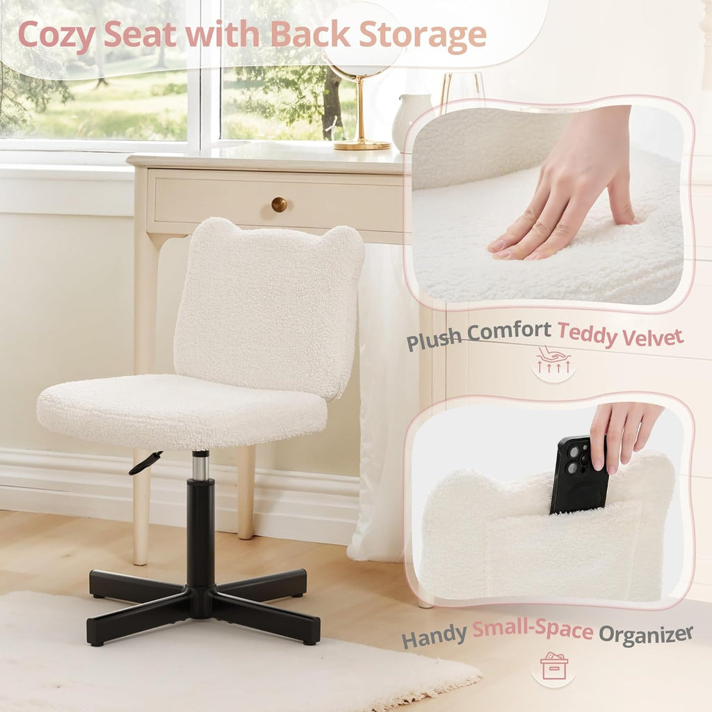 Adjustable Vanity Stool Chair with Girly Bear Ear Wide Back, 360° Swivel Vanity Stool for Makeup Room, Upholstered Teddy Velvet Ottoman for Teen Girls, 350lbs, Beige
