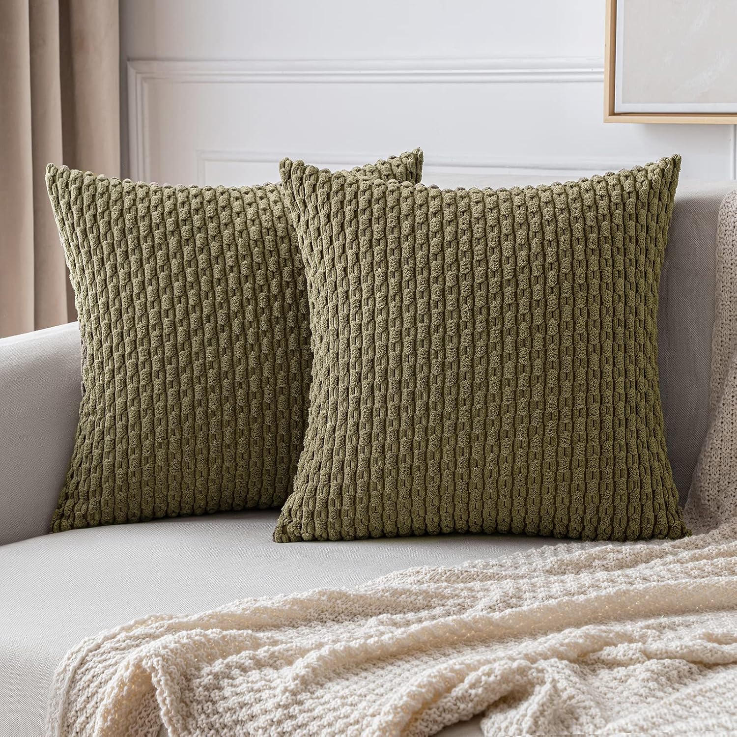 MIULEE Pack of 2 Decorative Throw Pillow Covers 18x18 Inch Soft Boho Striped Textured Corduroy Pillow Covers Spring Modern Farmhouse Home Decor for Couch Bed Sofa Living Room Sage Green
