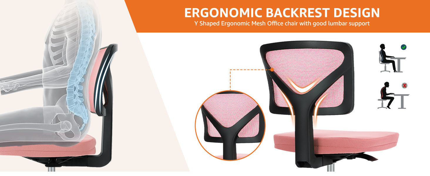Small Desk Chair, Ergonomic Low-Back Mesh Rolling Work Swivel Chairs with Wheels, Armless Comfortable Seat Lumbar Support for Home, Bedroom, Study, Student, Adults,Classic Pink