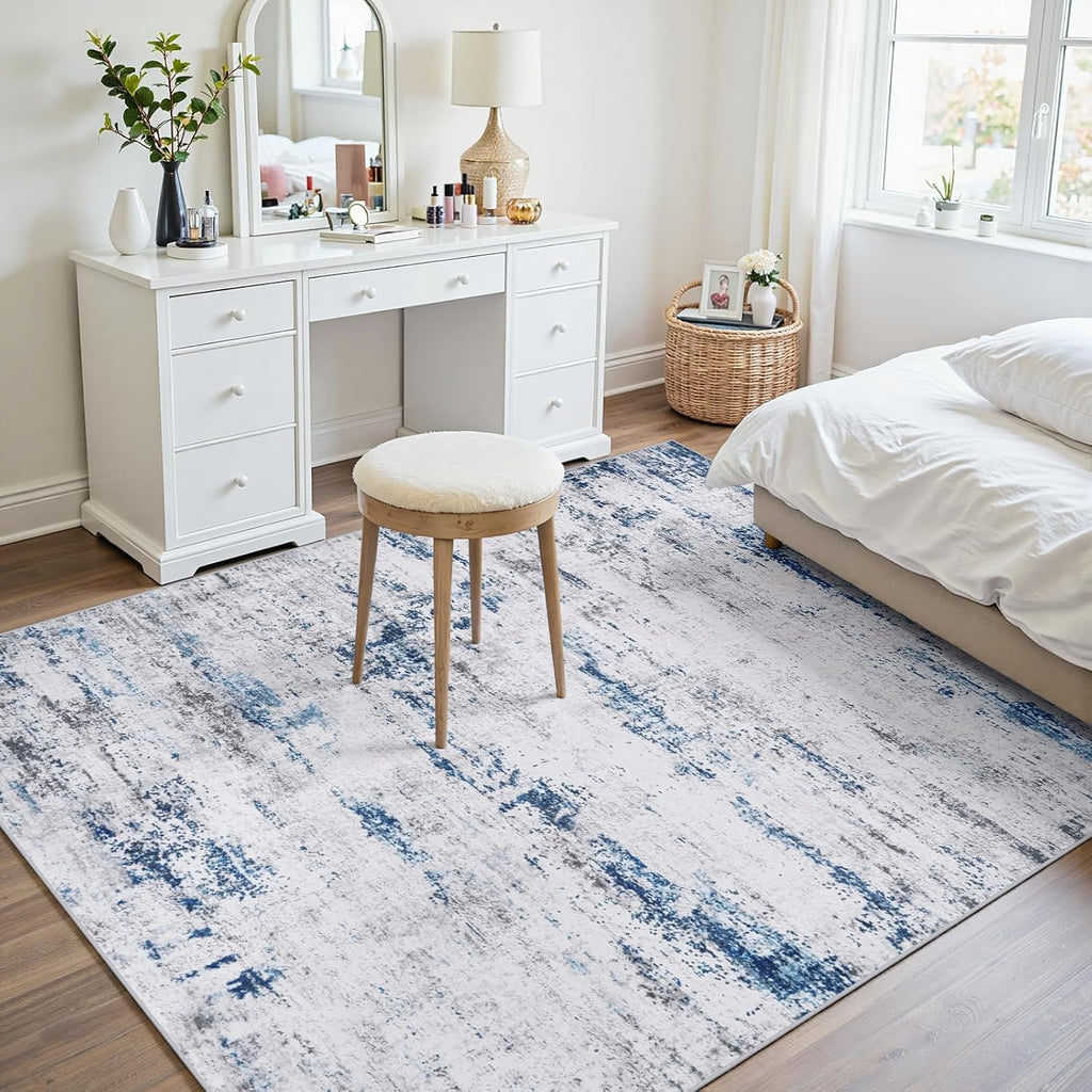 Area Rug Living Room Rugs: 5x7 Large Soft Indoor Carpet Modern Abstract Rug with Non Slip Rubber Backing for Under Dining Table Nursery Home Office Bedroom White Gray Blue